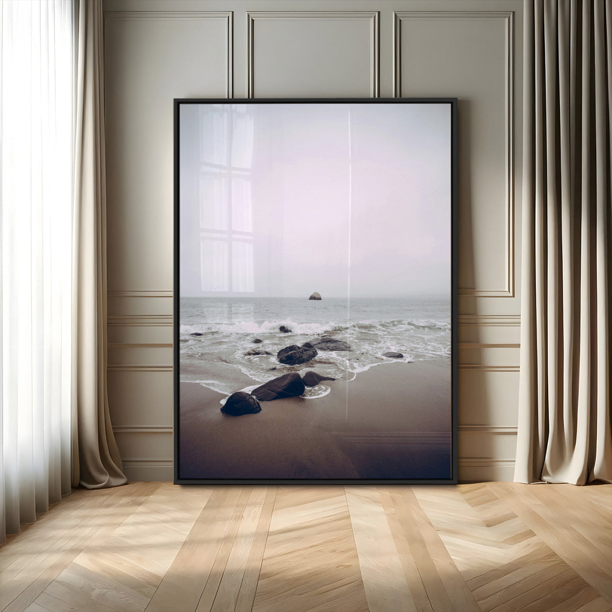 Moody Seascape Wall Art Canvas Print – Framed Neutral Foggy
