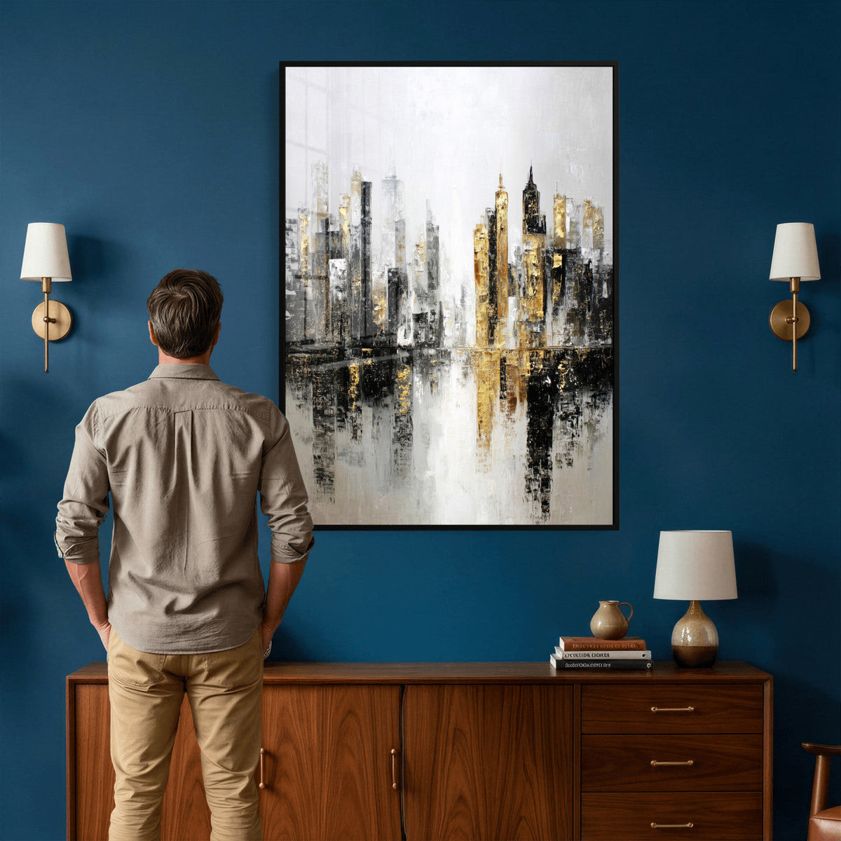 Abstract New York Wall Art Canvas Print, Gold Black Modern
