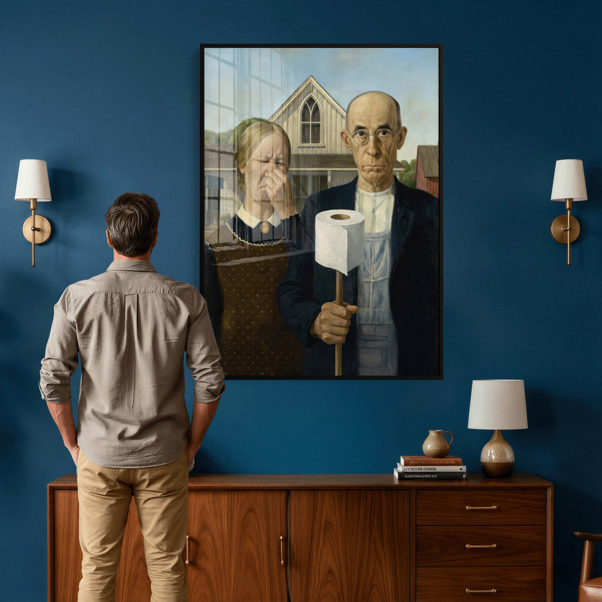 Funny Bathroom Canvas Wall Art, Grant Wood American Gothic