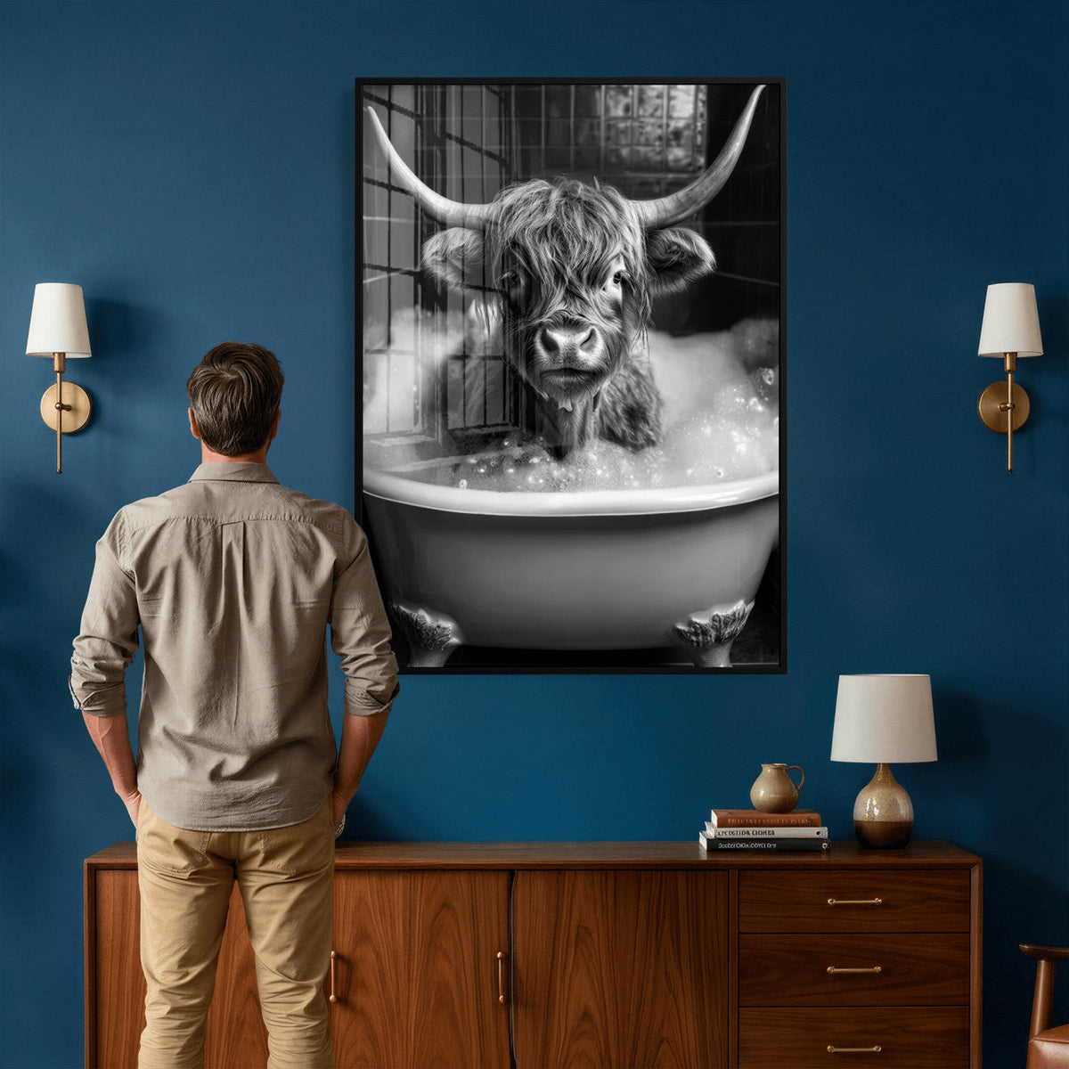 Highland Cow Bathtub Canvas Wall Art, Funny Bathroom Print