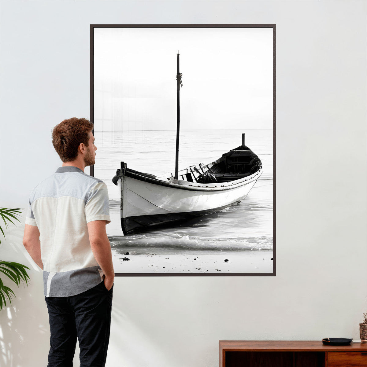 Minimal Boat Wall Art Canvas Print – Black and White Coastal