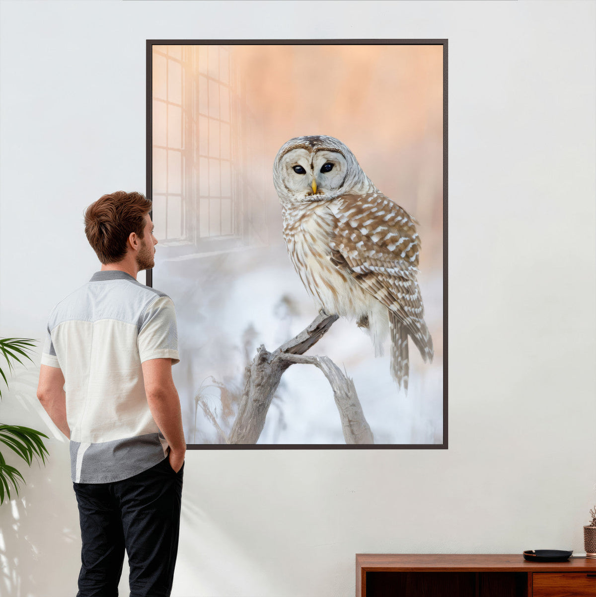 Barred Owl Wall Art Canvas Print – Soft Neutral Wildlife