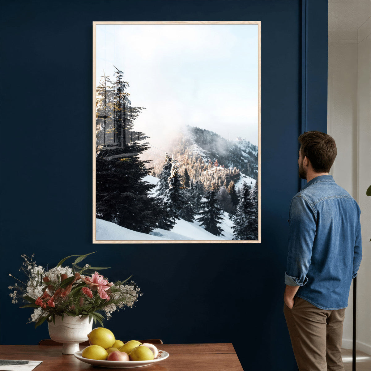 Snowy Mountain Forest Wall Art Canvas Print, Winter Pine