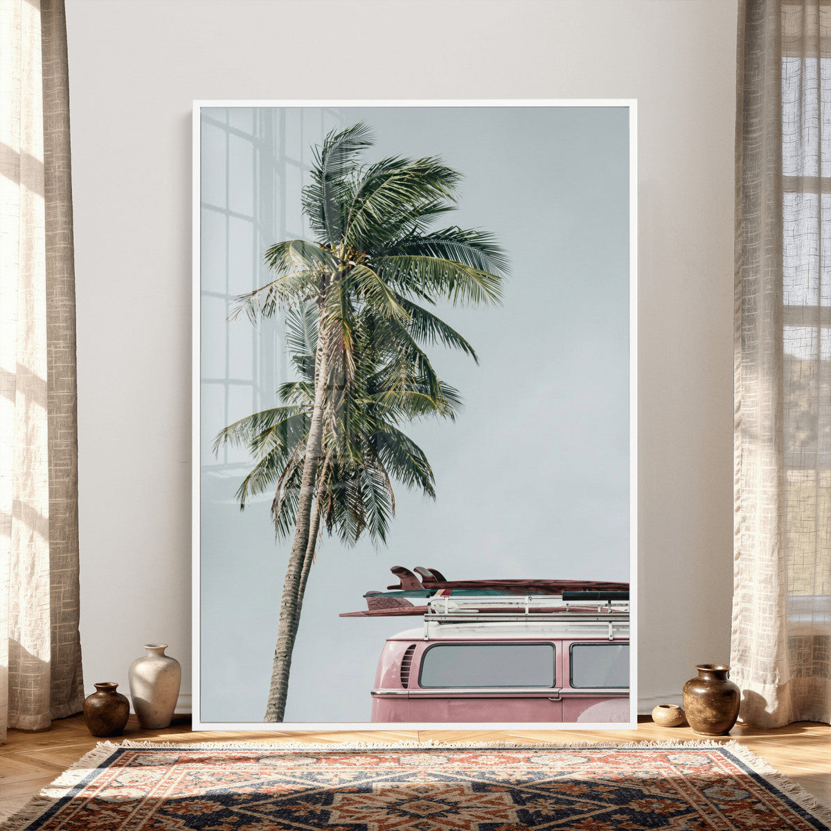 VW Van Palm Tree Canvas Wall Art, Pink Camper Surfboards