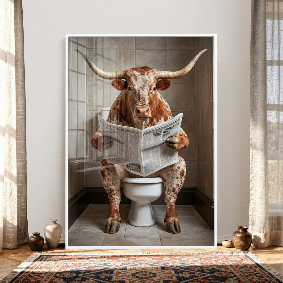 Funny Bathroom Canvas Wall Art, Texas Longhorn on Toilet