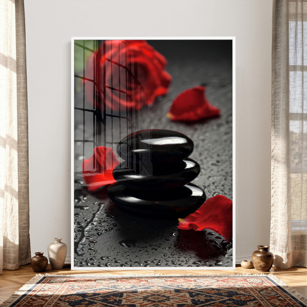 Black Lava Stone Rose Canvas | Red Rose Spa Photography