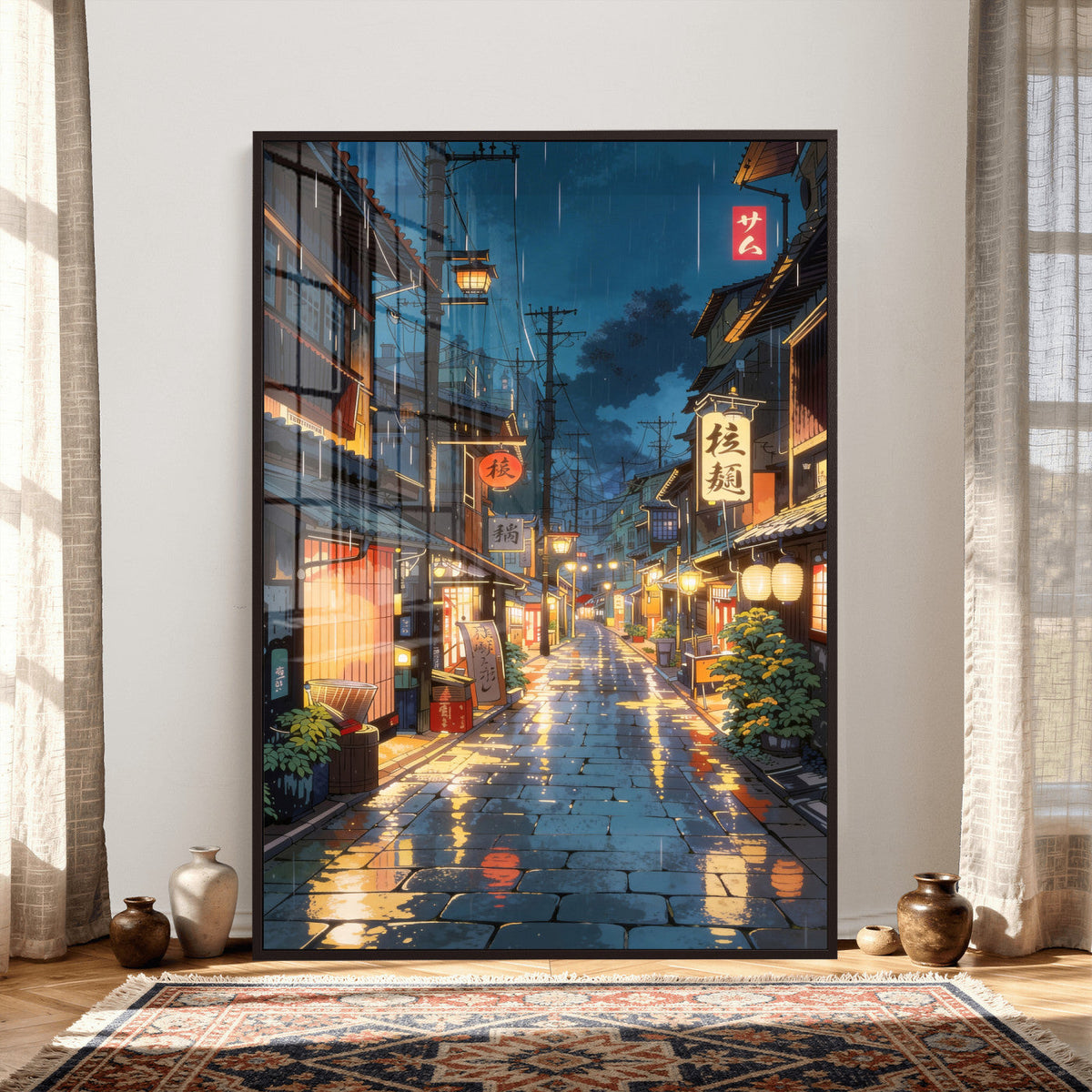 Tokyo Tea House Canvas Wall Art — Japan Rainy Night Street