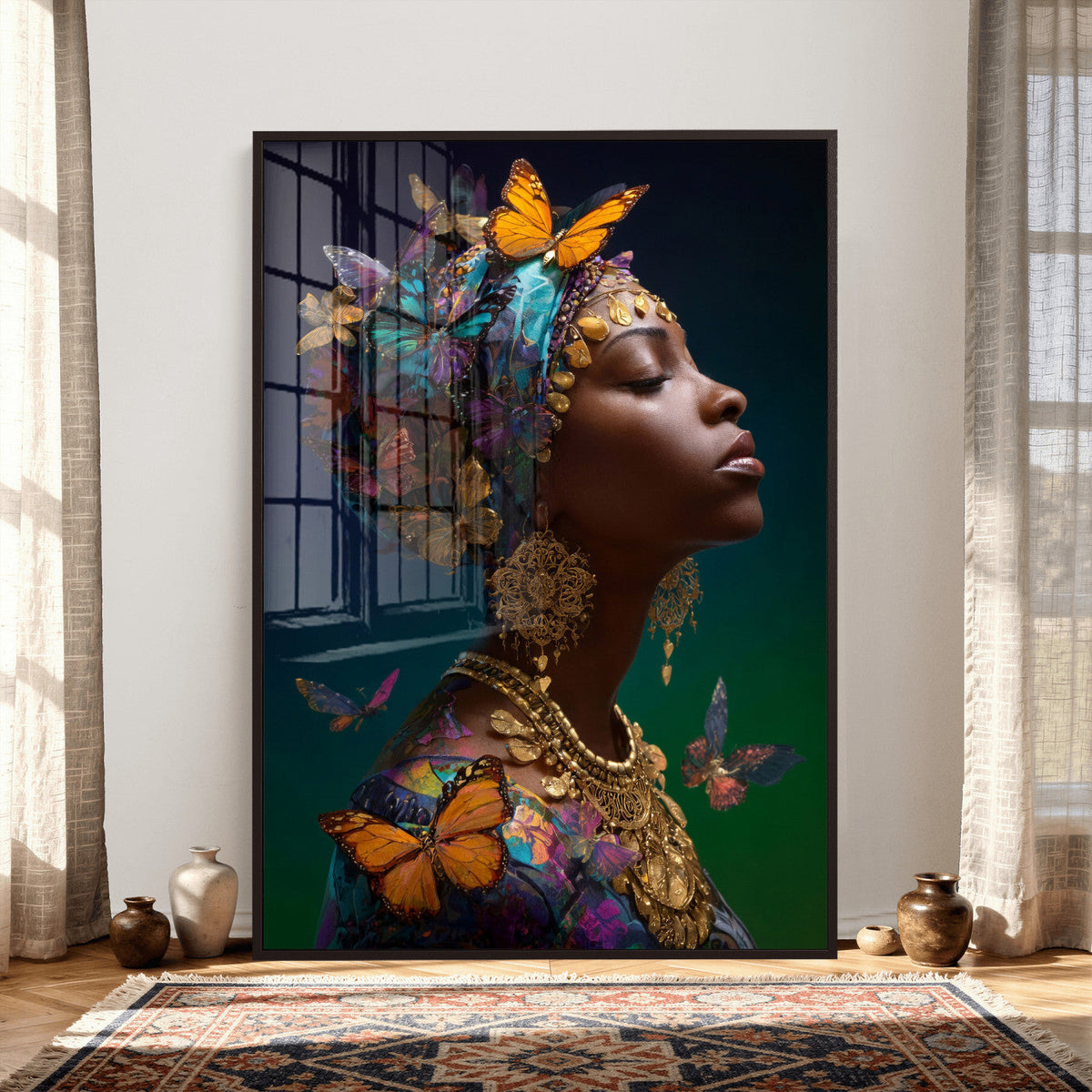 Butterfly Crown Gold Woman Portrait — Monarch Queen Canvas