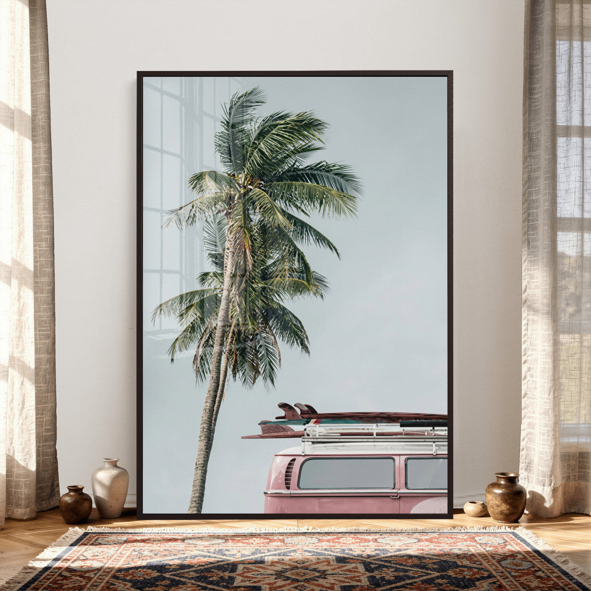 VW Van Palm Tree Canvas Wall Art, Pink Camper Surfboards