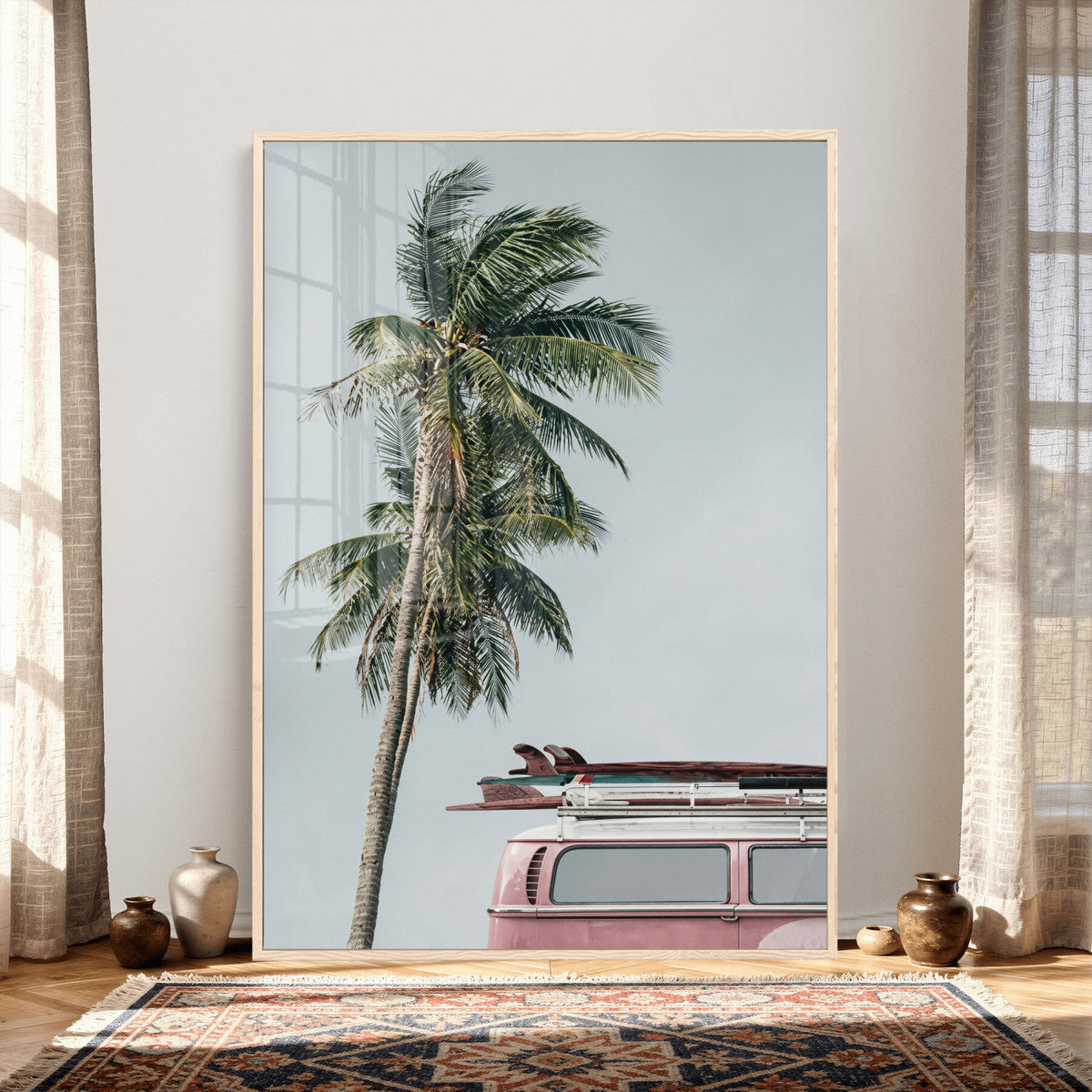 VW Van Palm Tree Canvas Wall Art, Pink Camper Surfboards