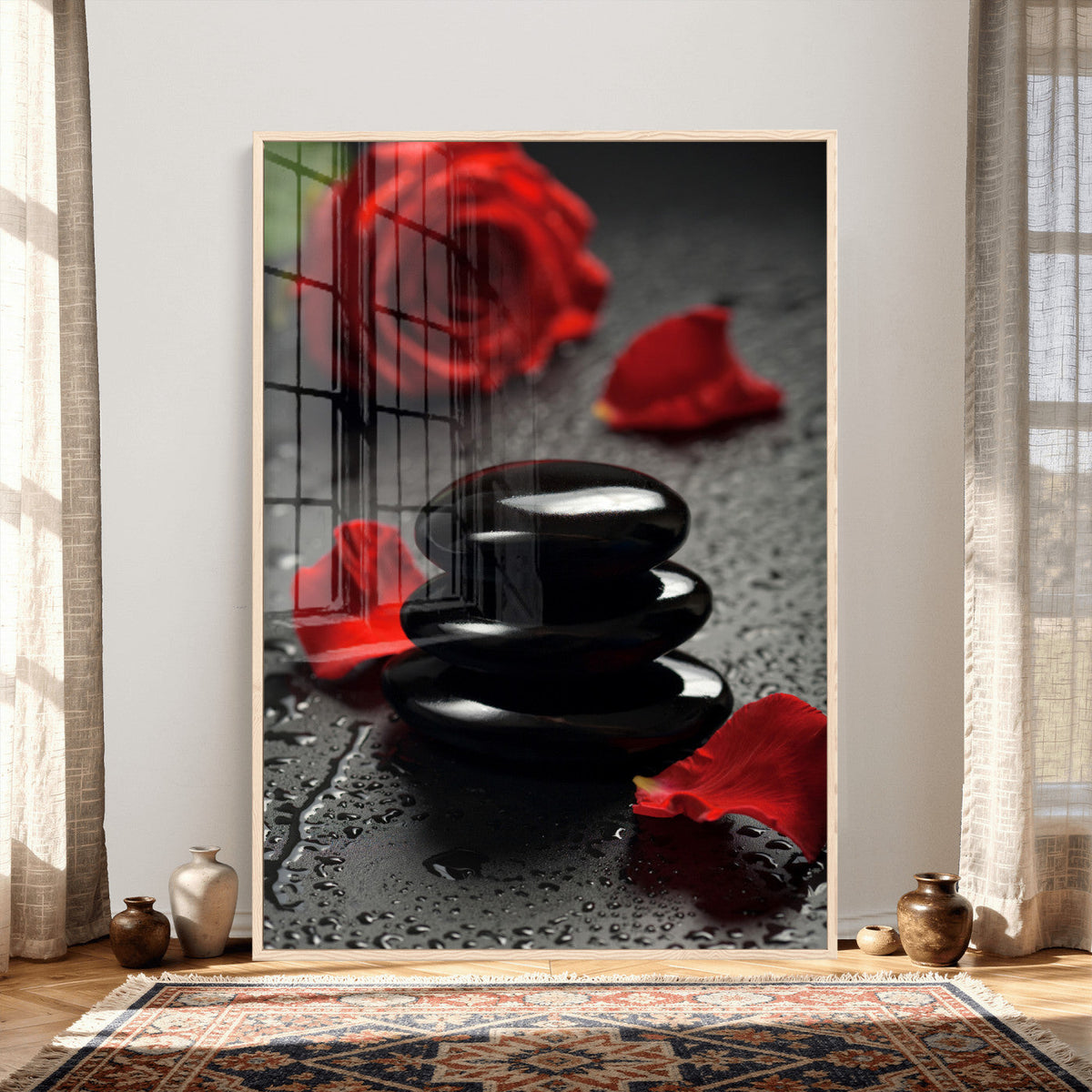 Black Lava Stone Rose Canvas | Red Rose Spa Photography