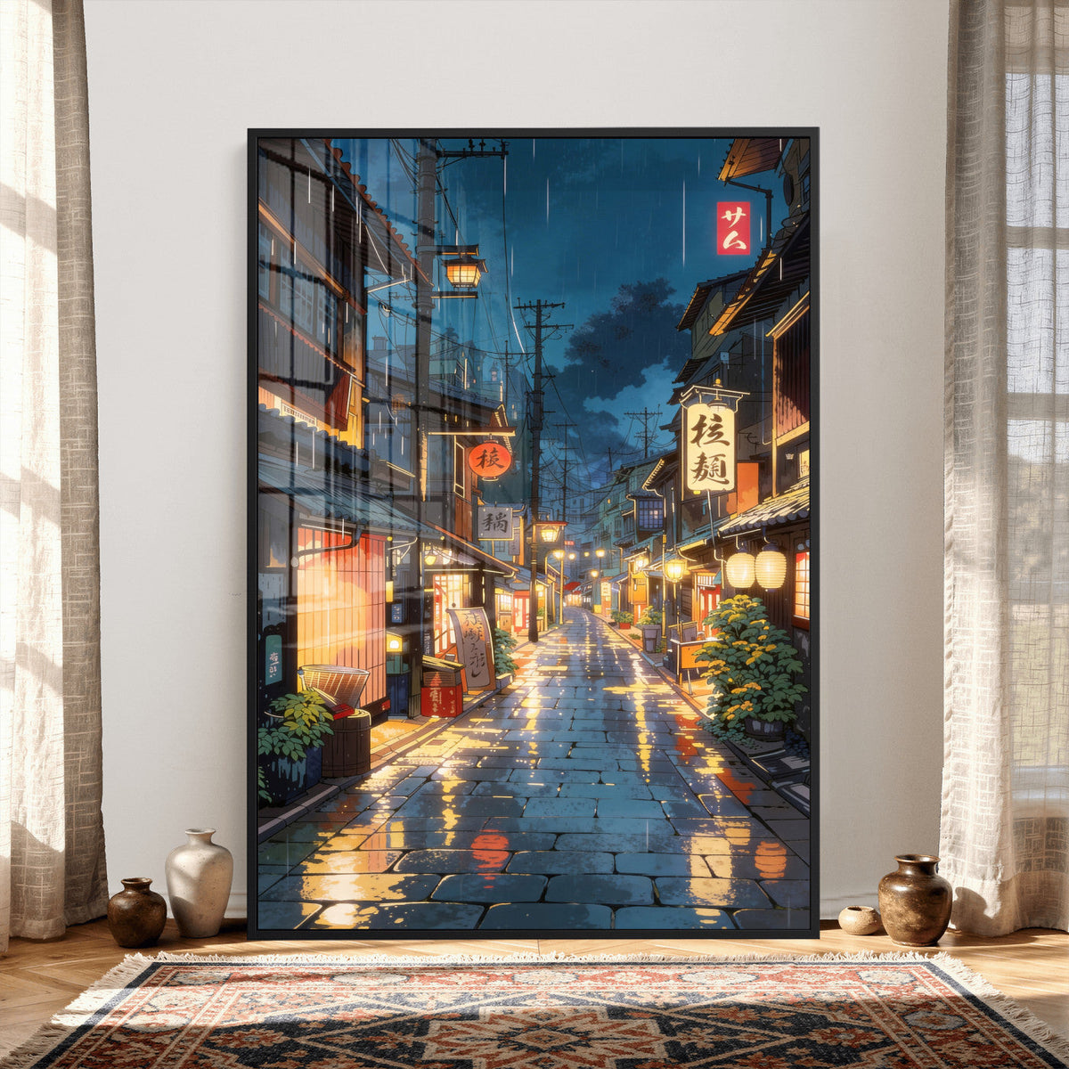 Tokyo Tea House Canvas Wall Art — Japan Rainy Night Street