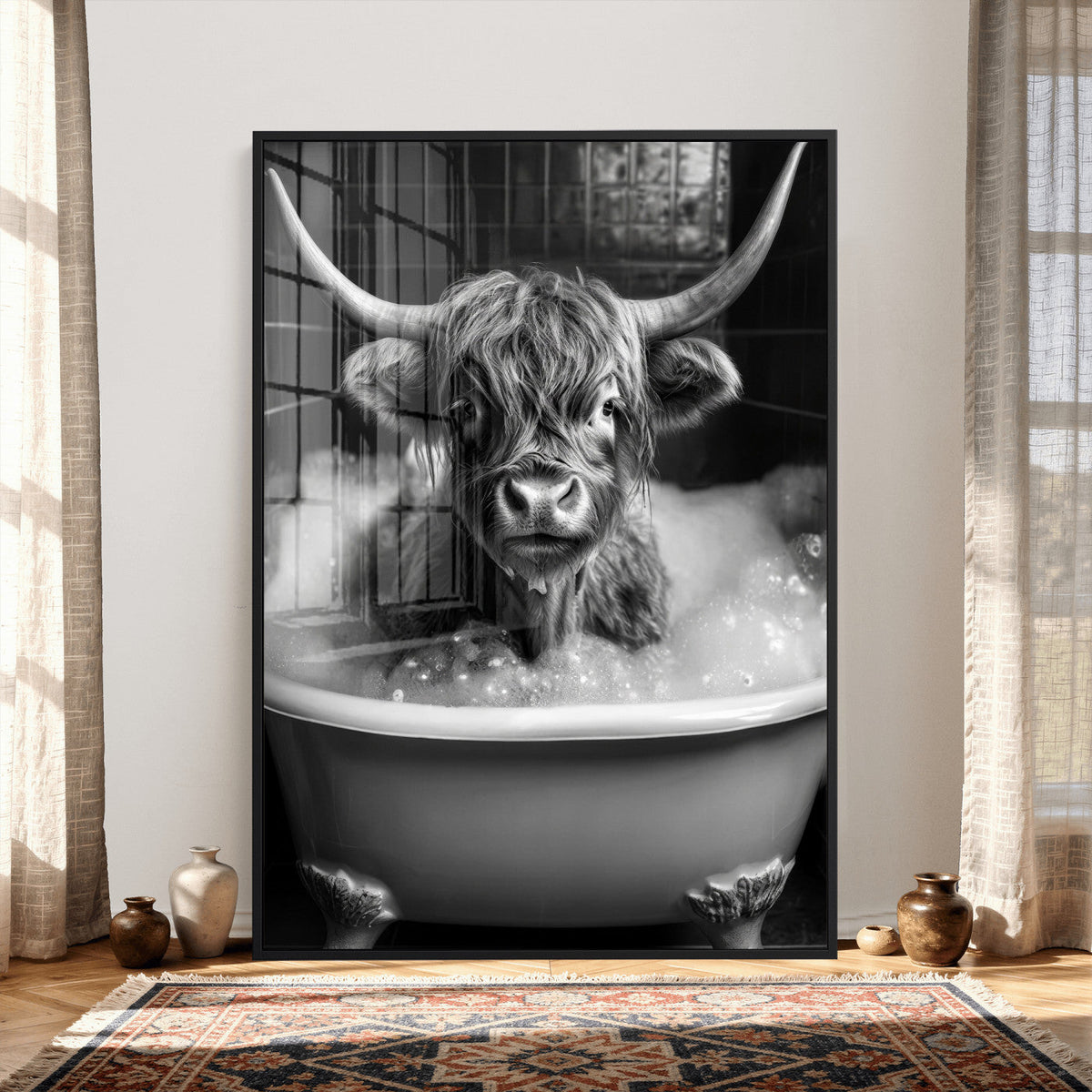 Highland Cow Bathtub Canvas Wall Art, Funny Bathroom Print