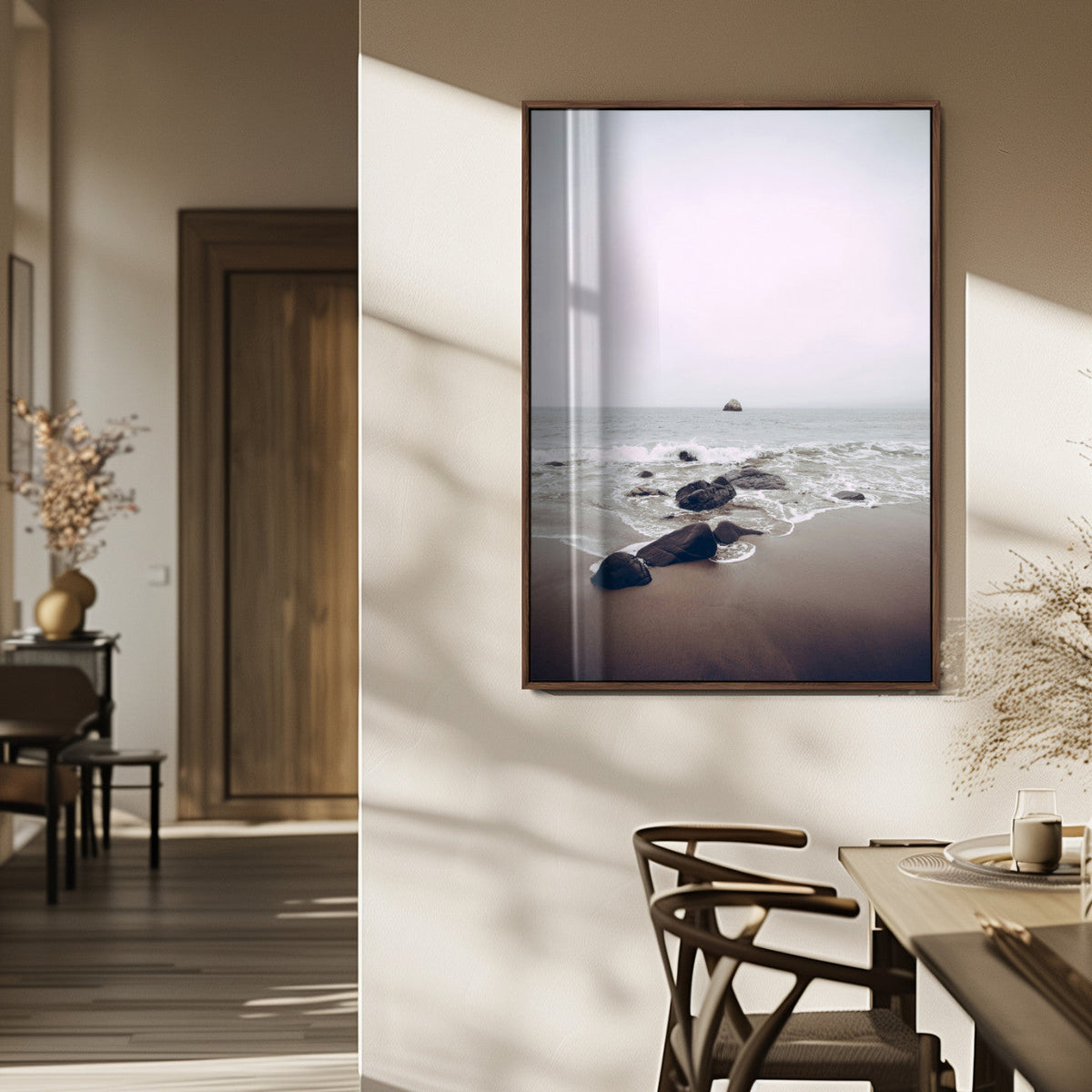 Moody Seascape Wall Art Canvas Print – Framed Neutral Foggy