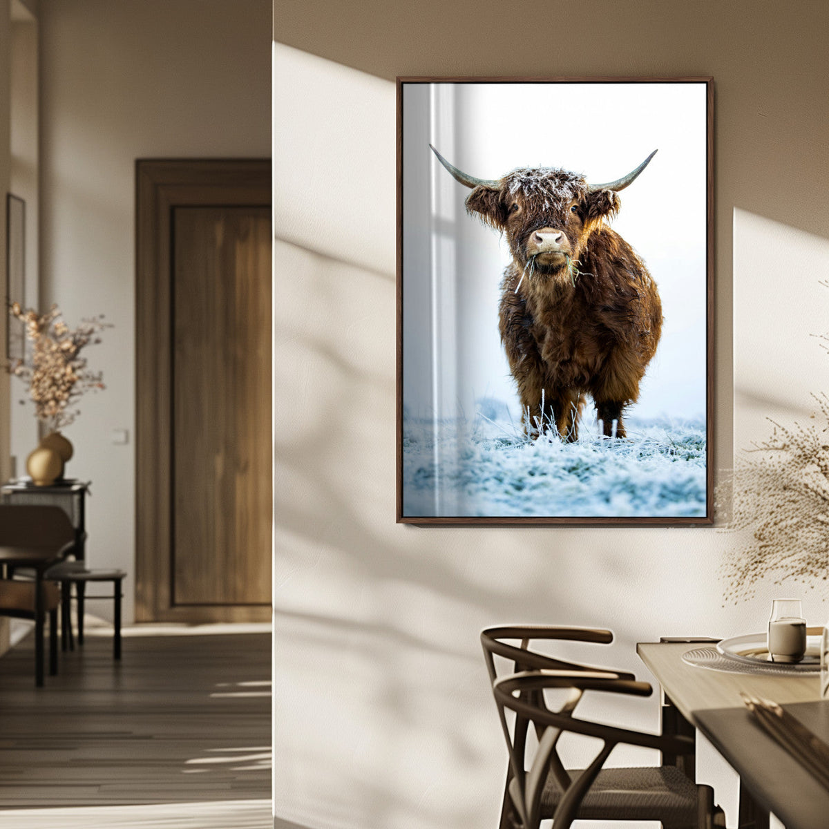 Highland Cow Wall Art Canvas Print – Framed Frosty Winter