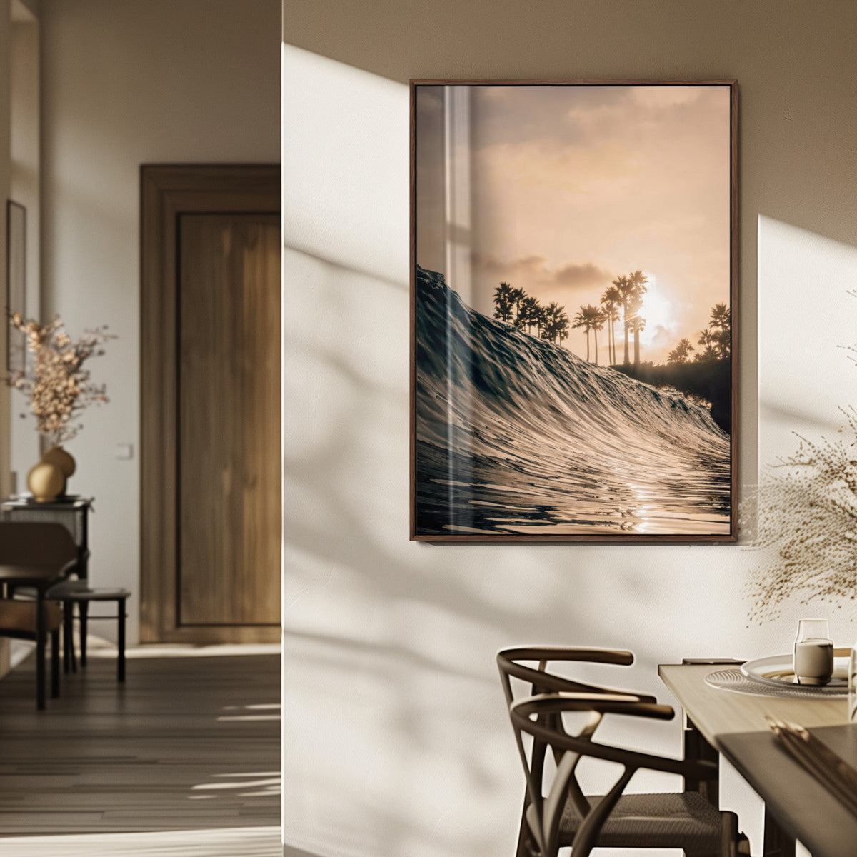 Sunset Wave Ocean Wall Art – Framed Palm Tree Canvas