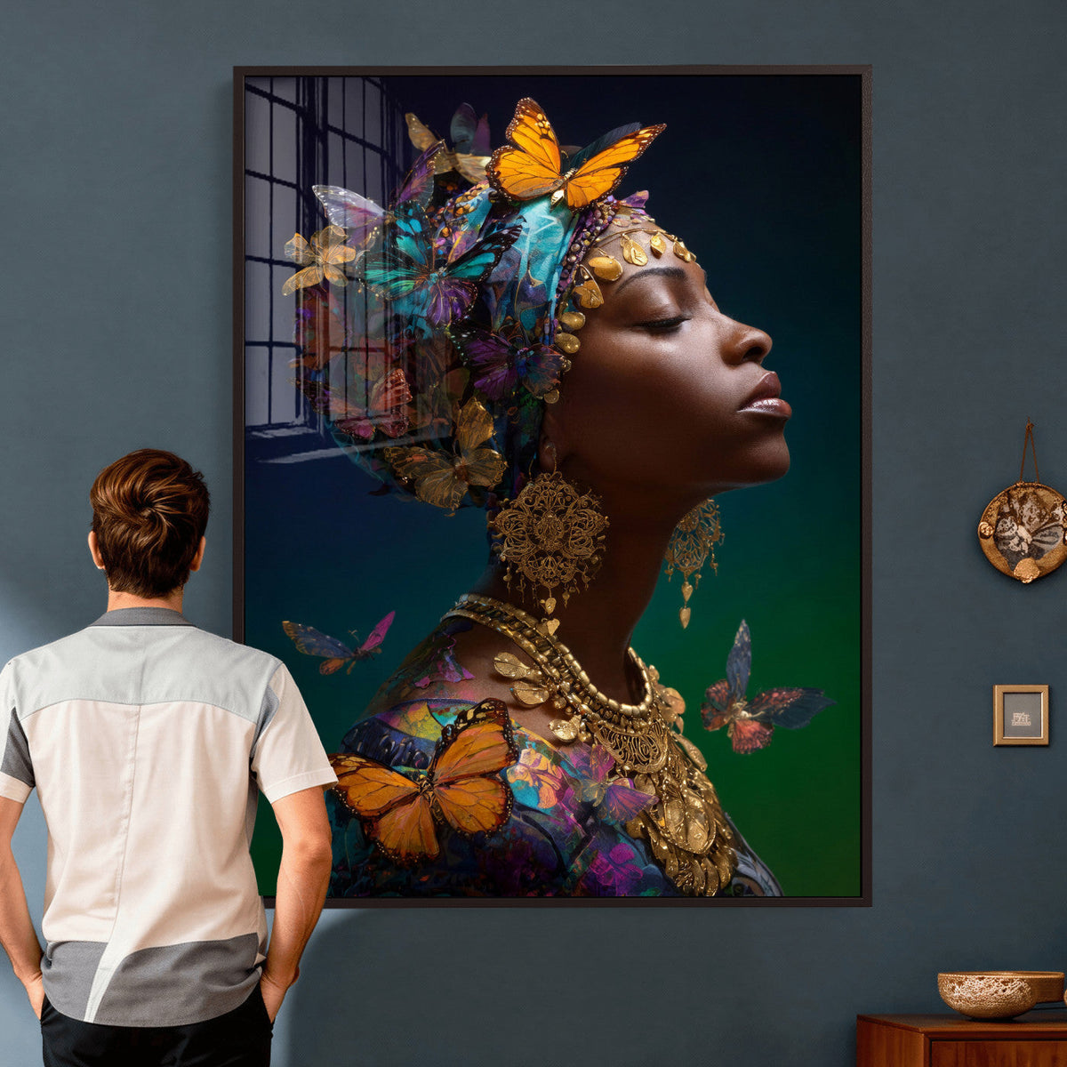 Butterfly Crown Gold Woman Portrait — Monarch Queen Canvas