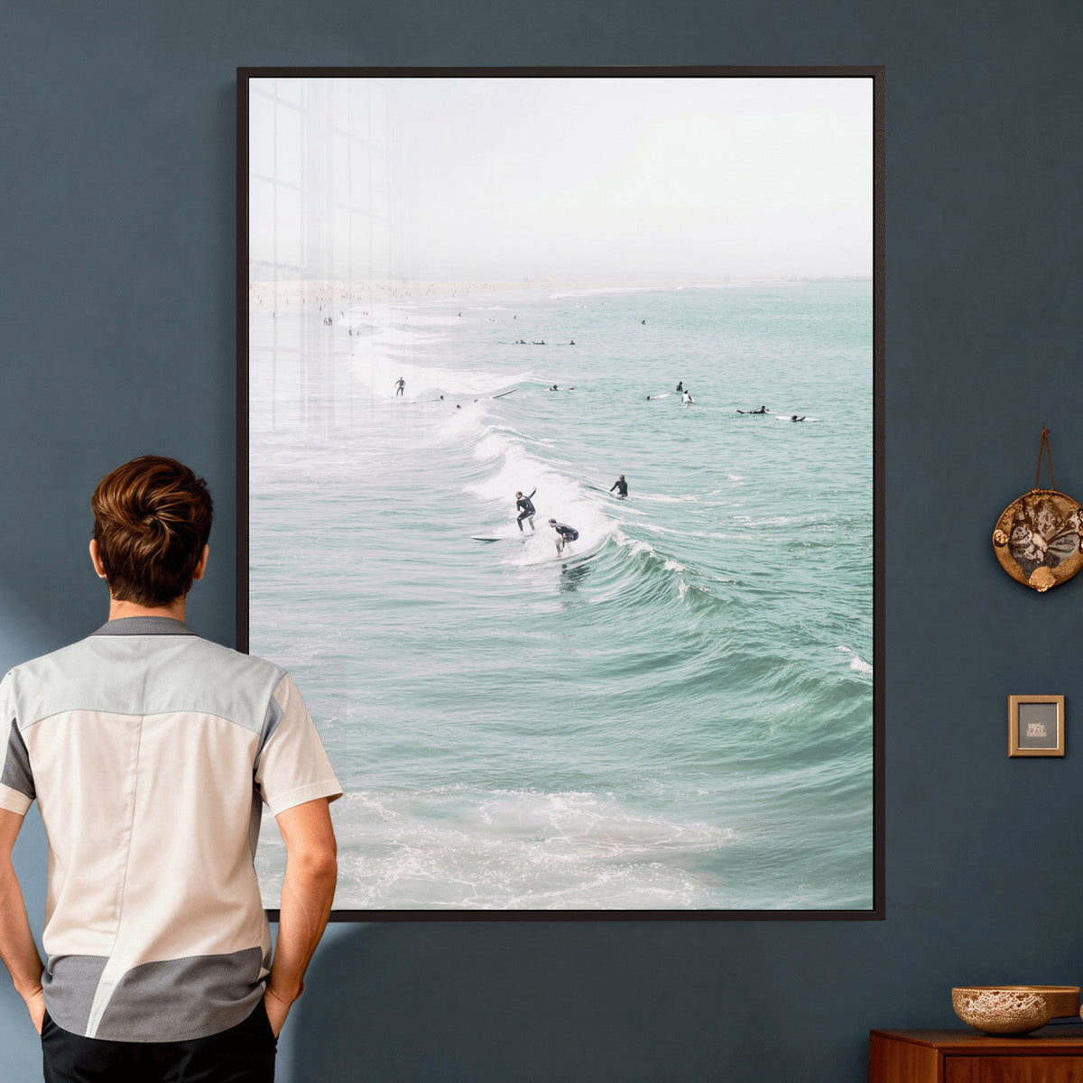 Surfers on Waves Canvas Wall Art, Aerial Ocean Photography