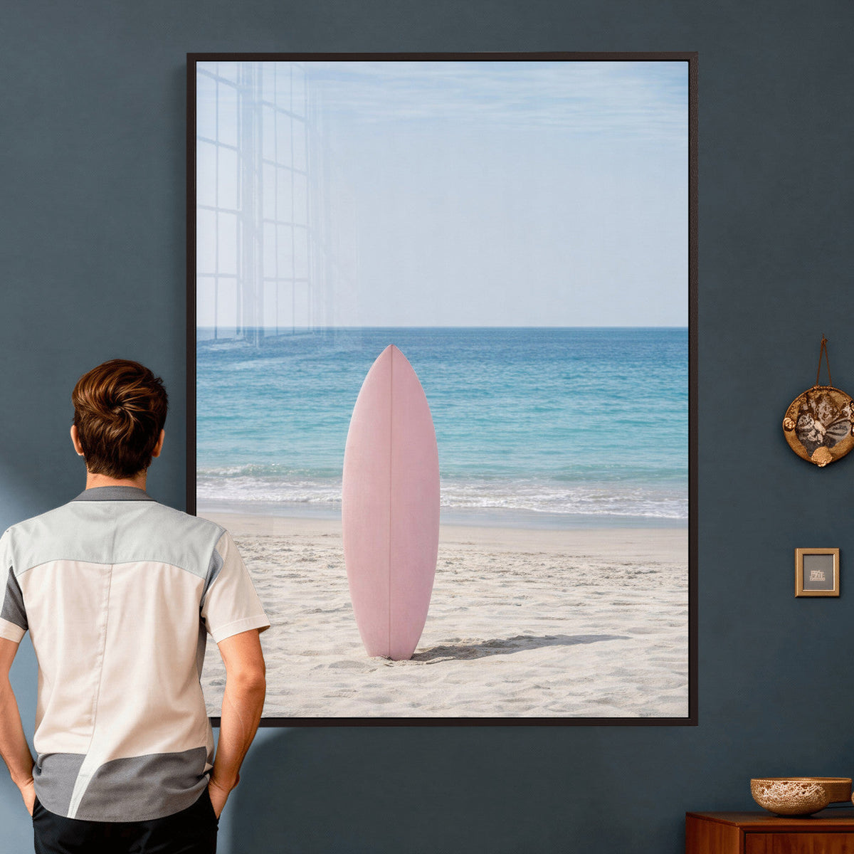 Pink Surfboard Canvas Wall Art, Minimalist Beach Photography