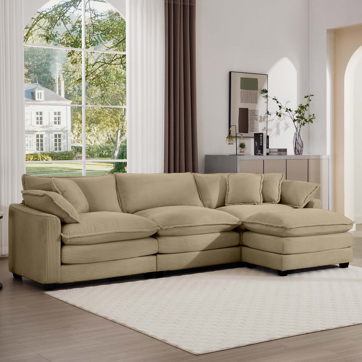 Modern Oversized Modular Cushion Sofa With Ottoman, Low Back, Deep Seating Sofa Set
