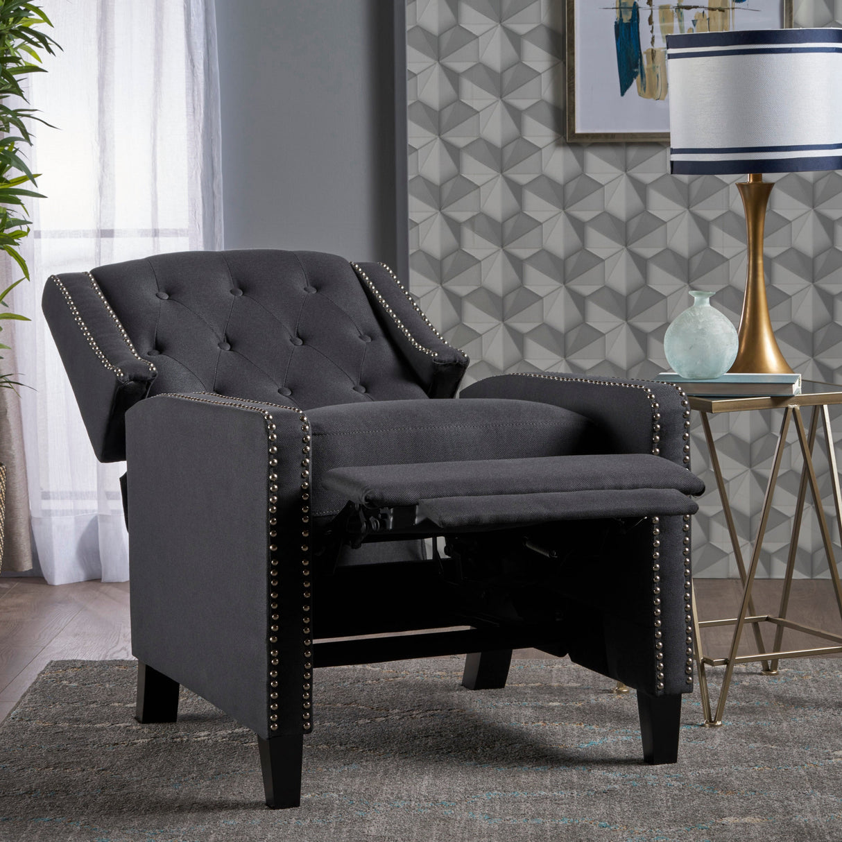 Classic Dark Grey Fabric Push Back Chair with Riveted Armrests