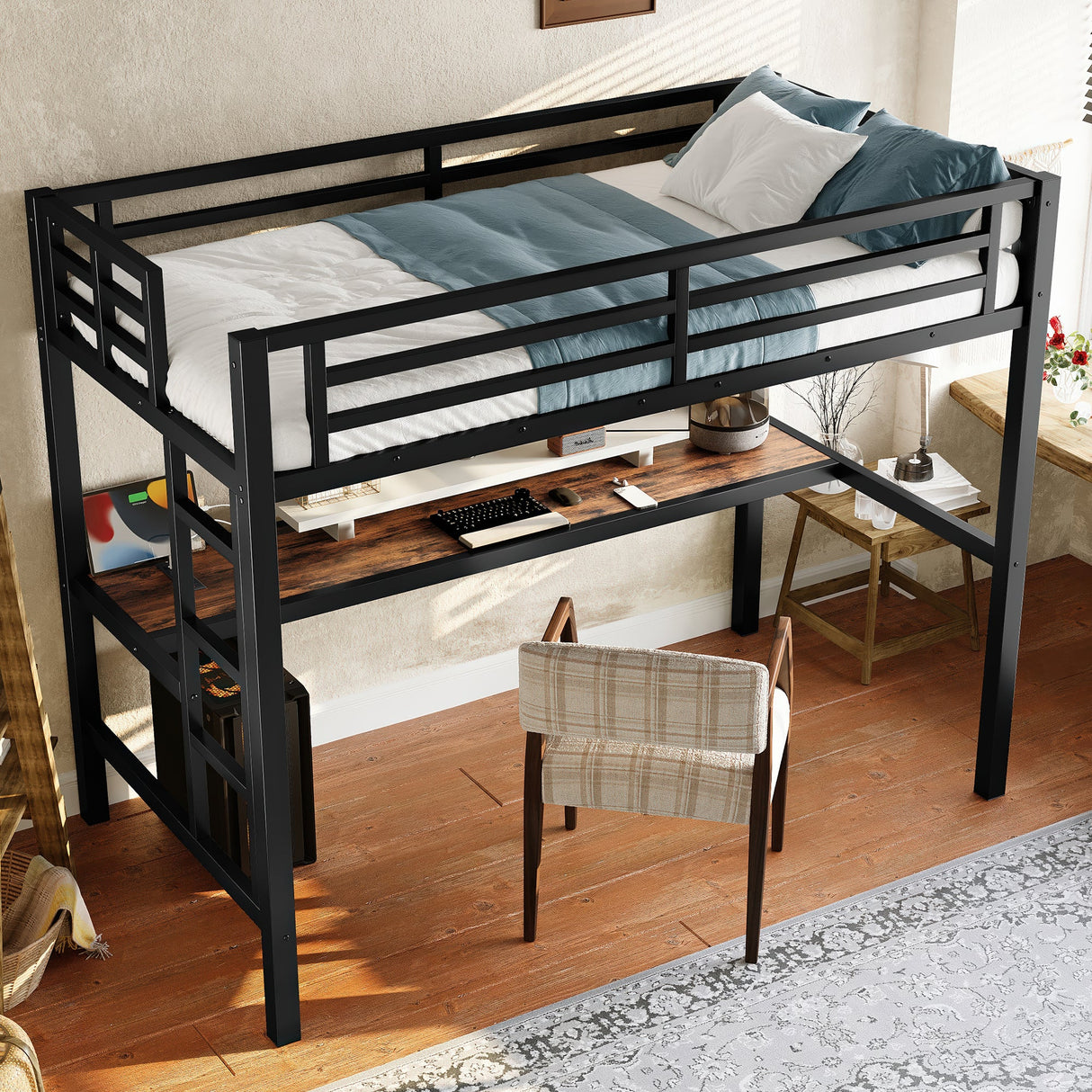 Metal Twin Size Loft Bed with Power Outlet and LED Lighted
