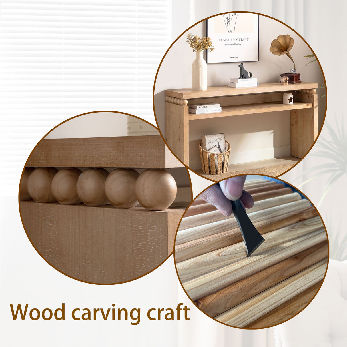 Modern Rustic Console Table – 59” Wood Entryway Table with Shelf & Decorative Bead Detail