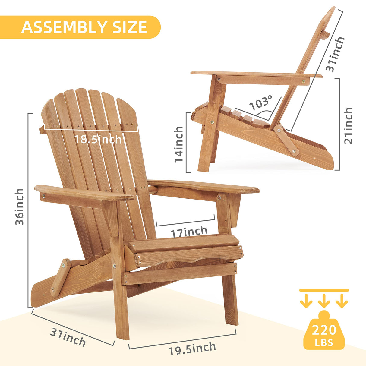Wooden Outdoor Folding Adirondack Chair Set of 2, Honey Brown