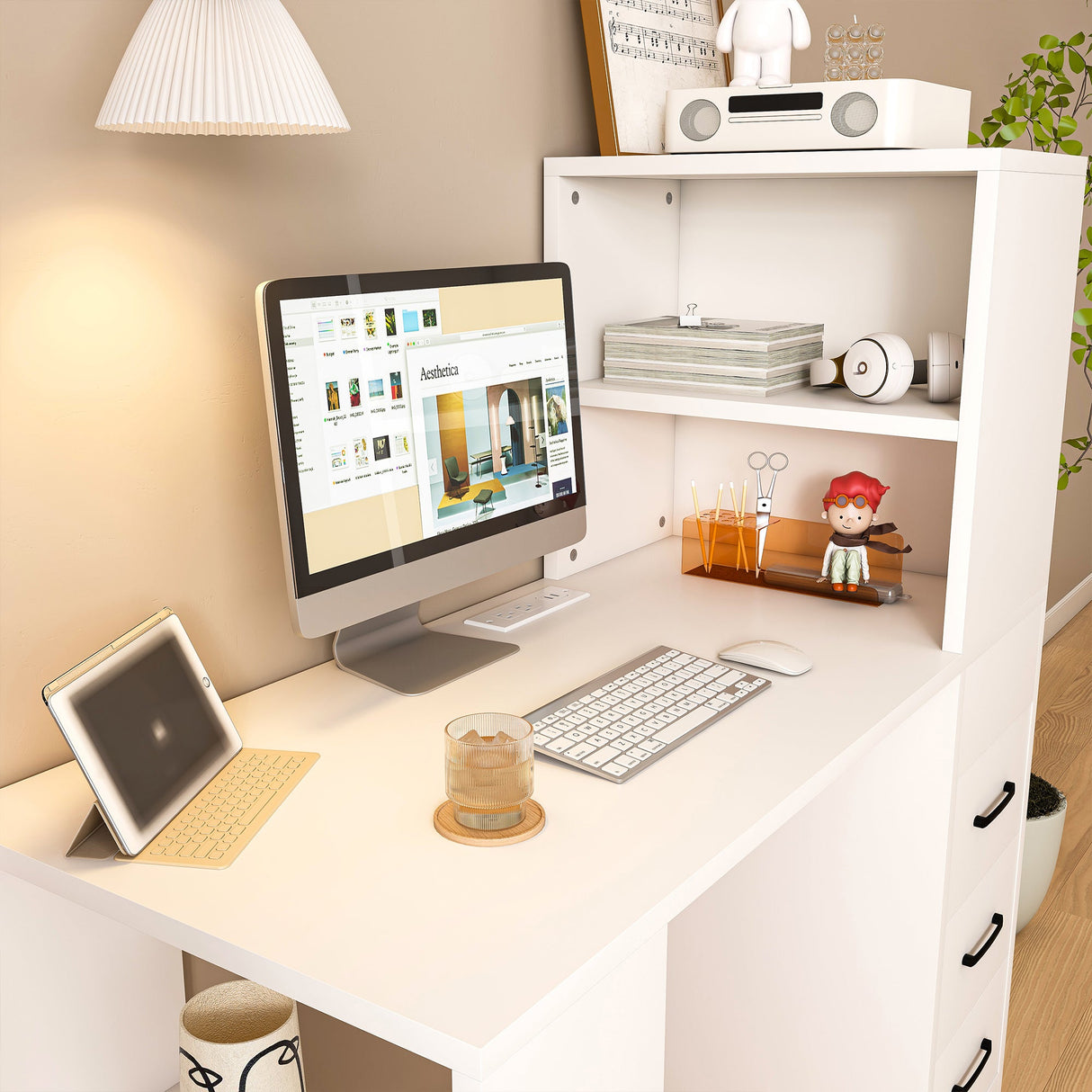 White Computer Desk with 4-in-1 Socket and Storage Options