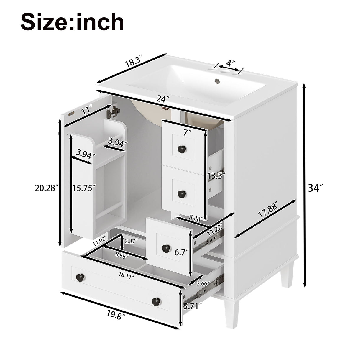 Bathroom Vanity With Integrated Basin, Soft Close Drawers, Door Mounted Double Layer Shelf