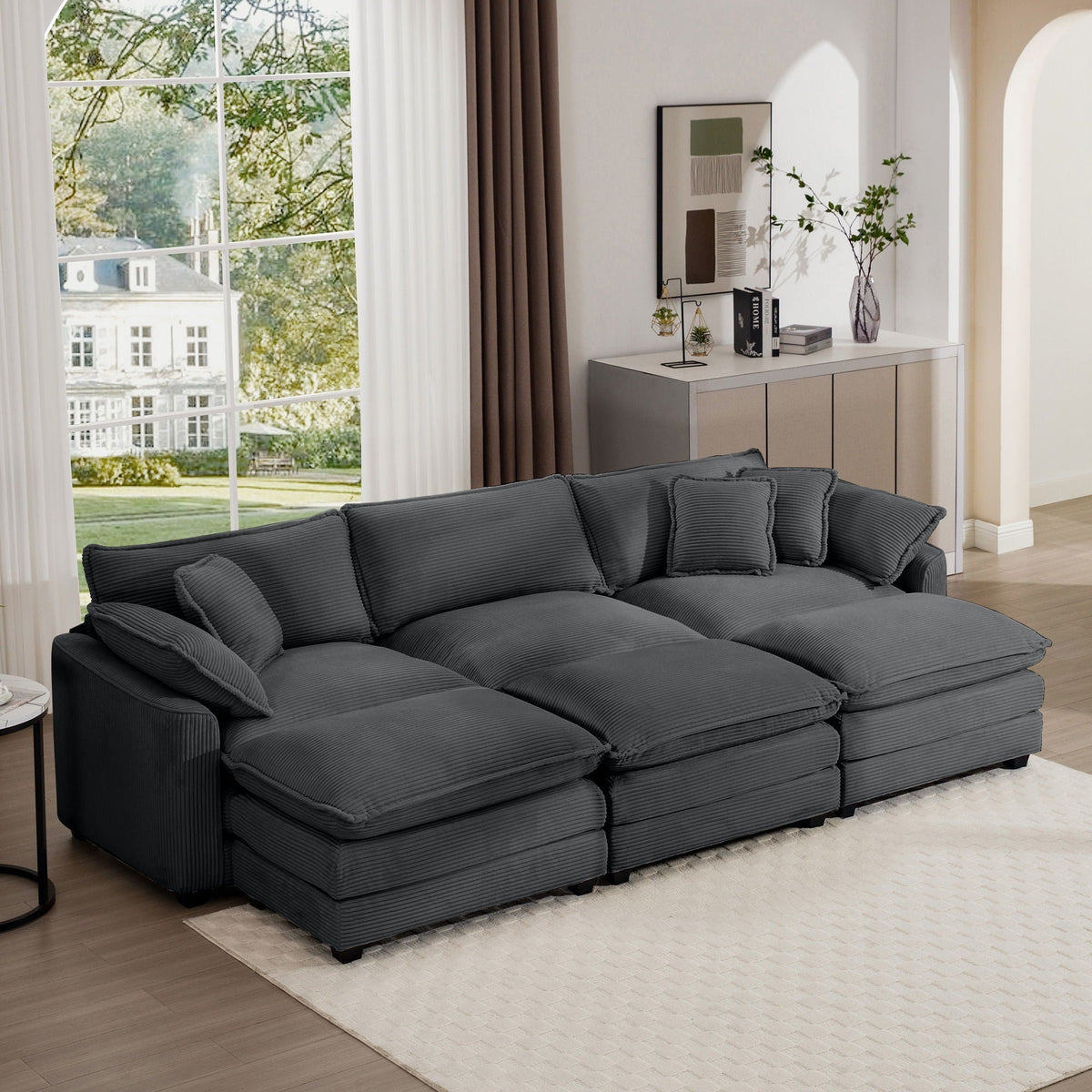Modern Modular Cushion Sofa Set with Ottoman - Fabric, Multiple Colors