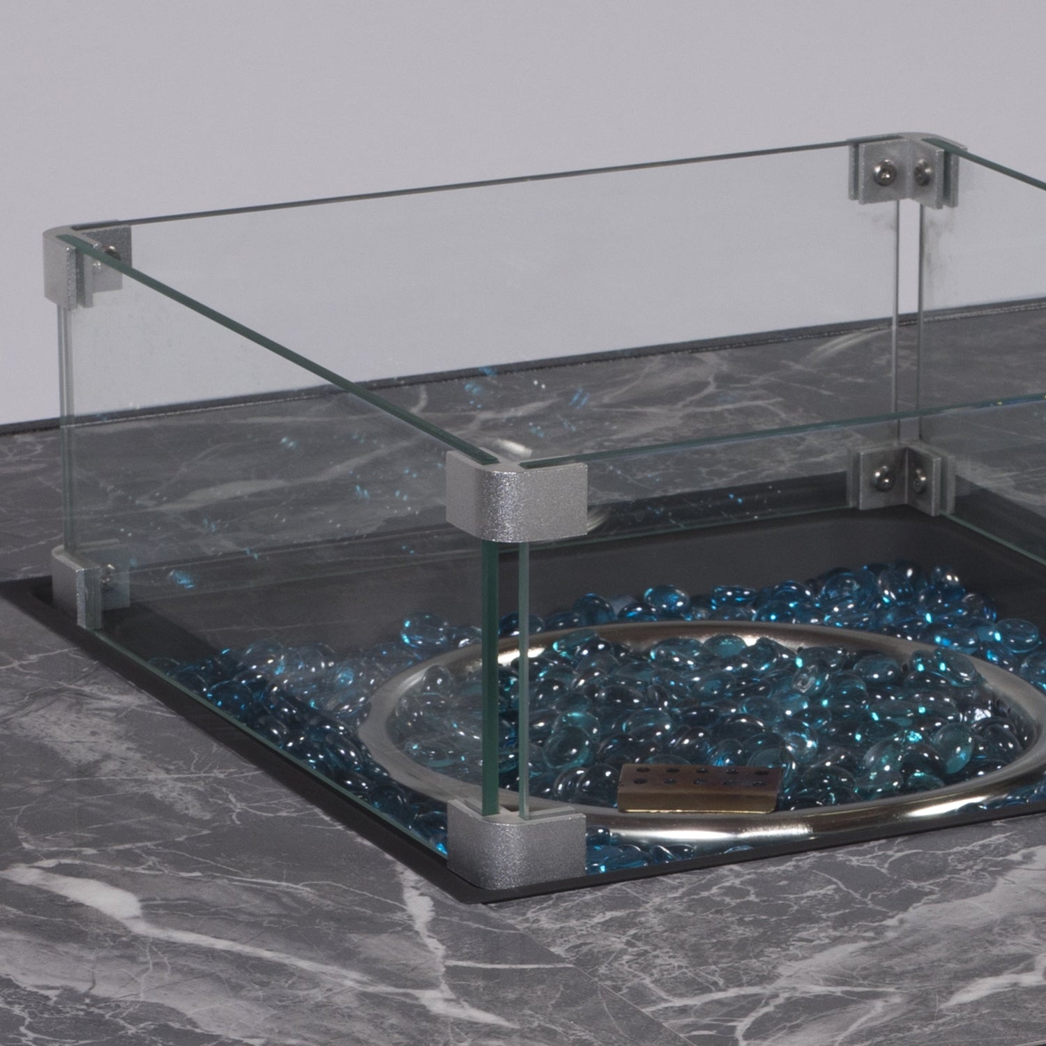 32inch Outdoor Square Propane Fire Pit Table with Blue Glass Beads, Rain Cover and Glass Wind Guard - Tuesday Morning - Fire Pits