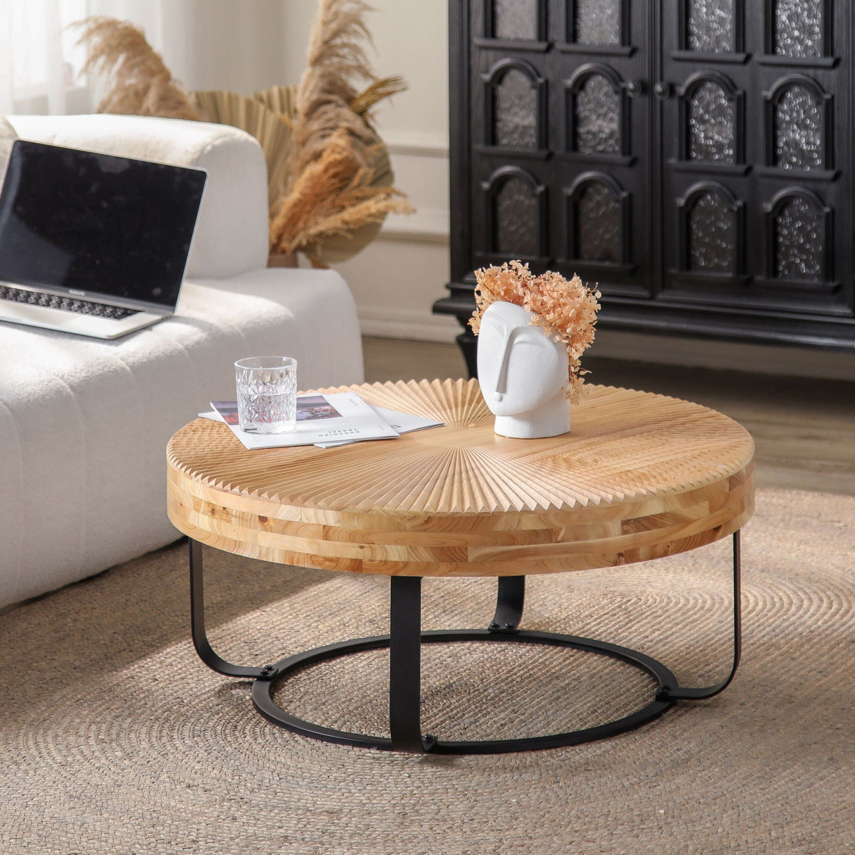 Modern Round Coffee Table with Wooden Carving Pattern and Metal Legs