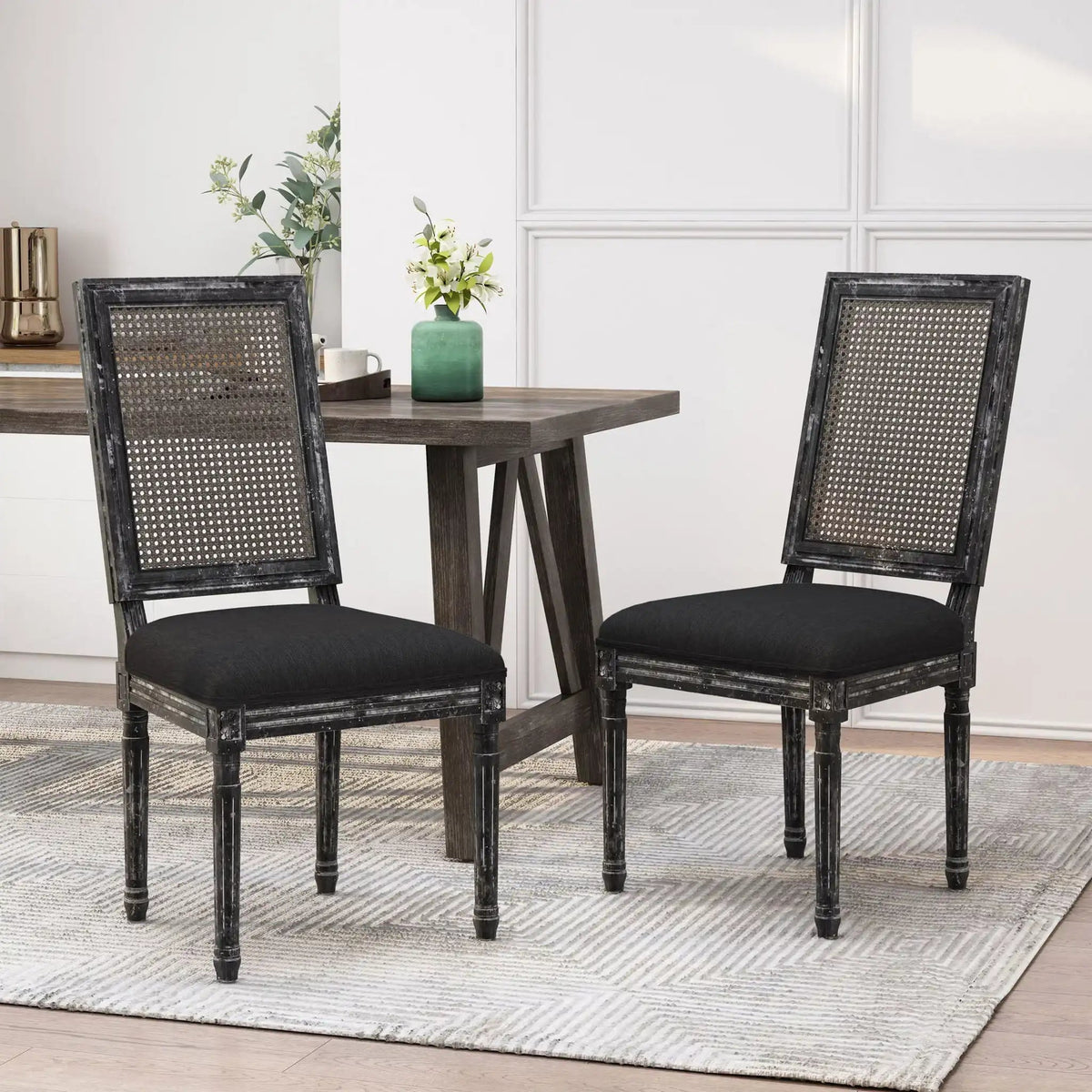 French Country Dining Chair With Rectangular Cane Backrest And Smooth Upholstered Seating