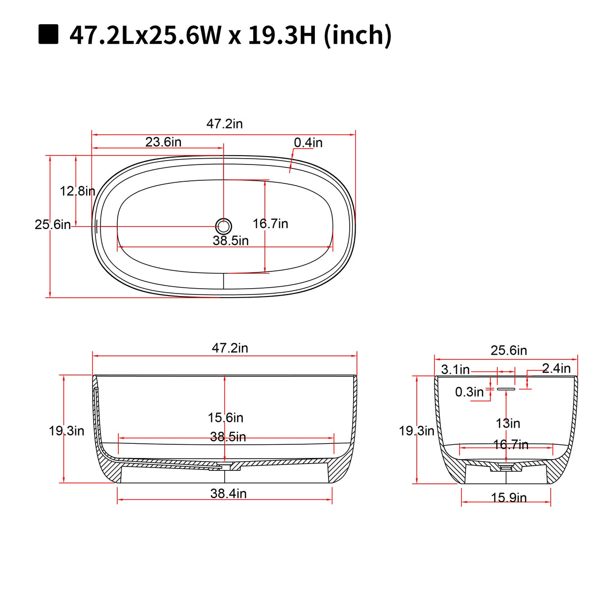 47'' Freestanding Bathtub Resin Stone Soaking Bathtub