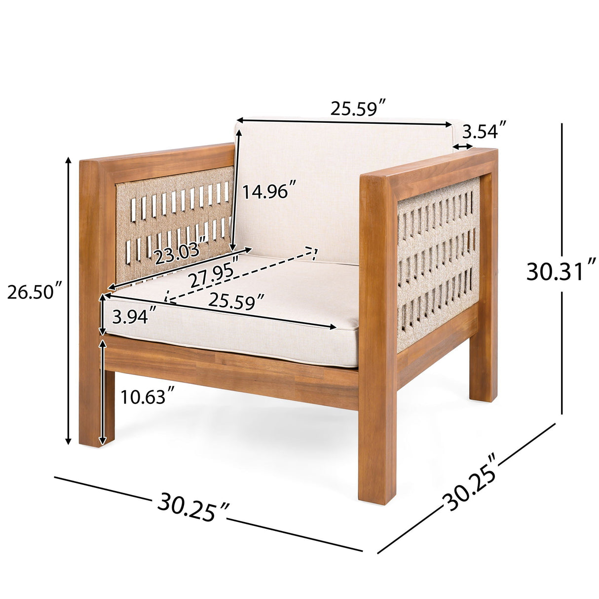 Outdoor Club Chair with Rope Arm and Cushions - Beige / Teak