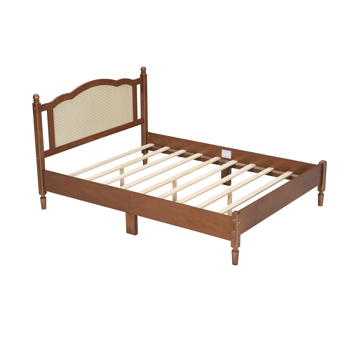 Queen Size Wooden Platform Bed with Natural Rattan Headboard