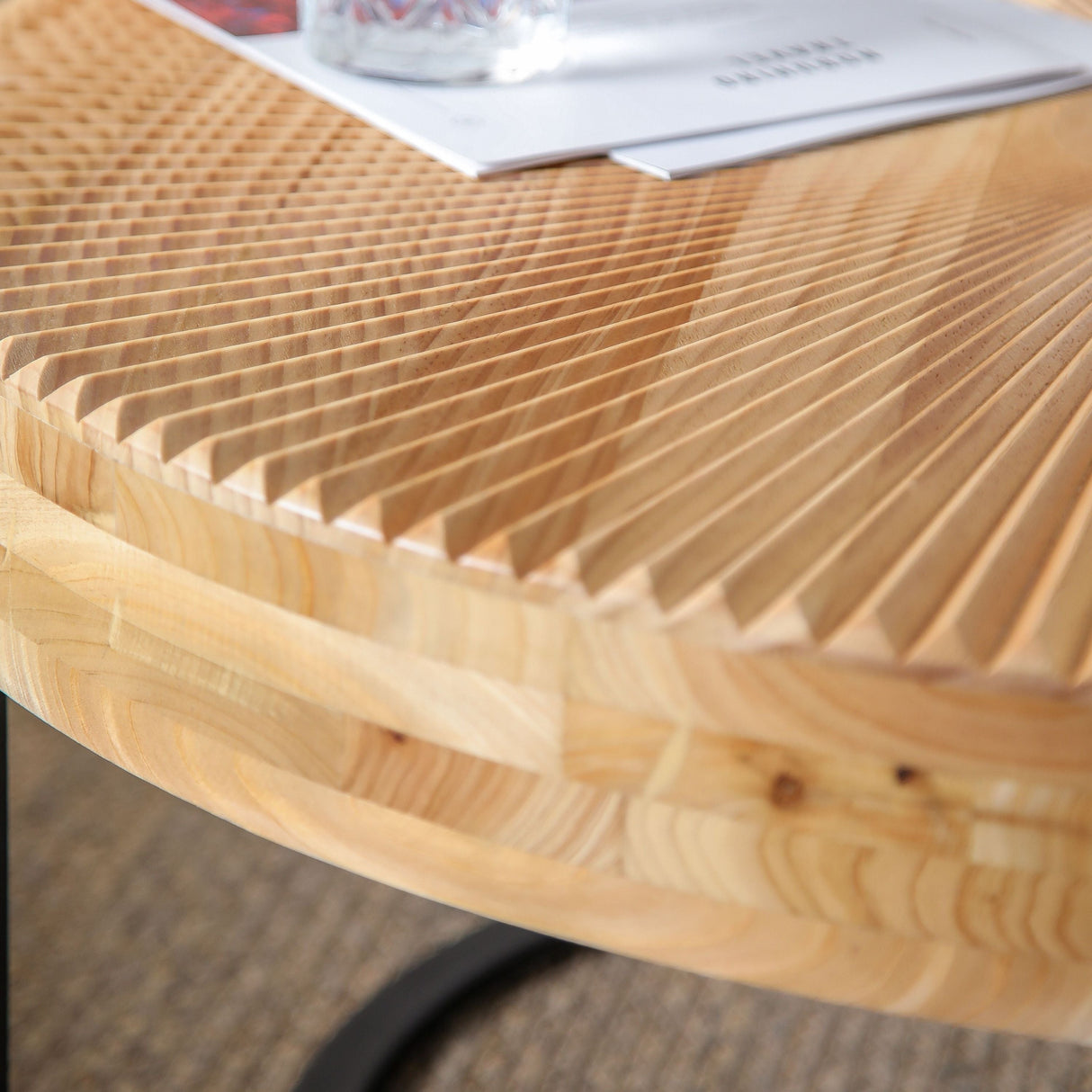 Modern Round Coffee Table with Wooden Carving Pattern and Metal Legs