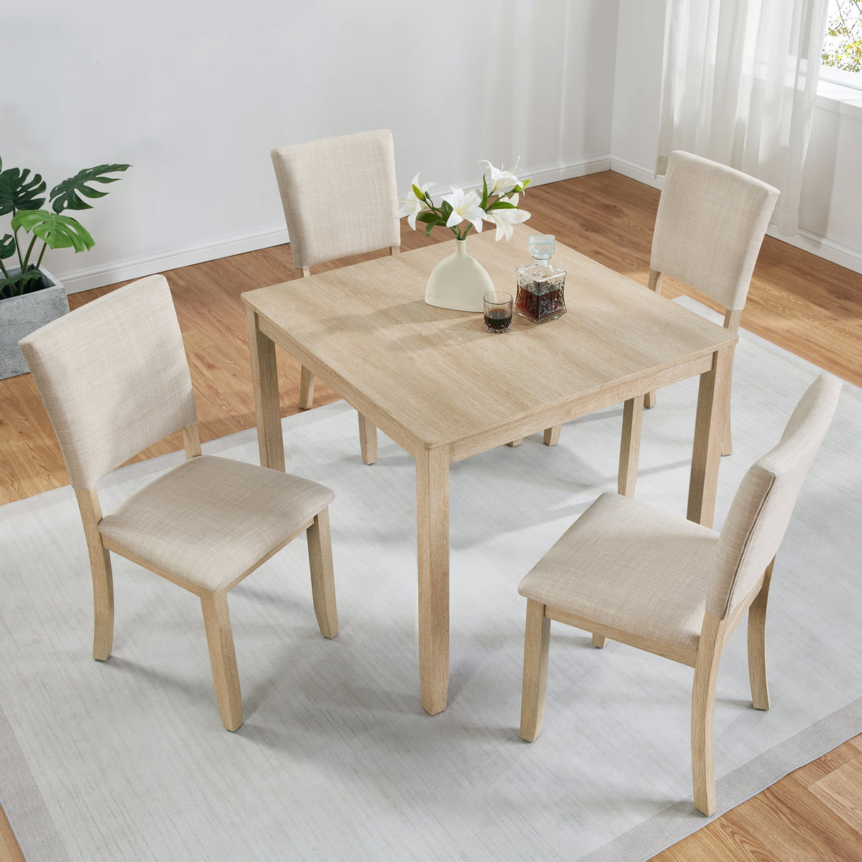Modern 5-Piece Wooden Dining Table Set for 4 People in Light Oak