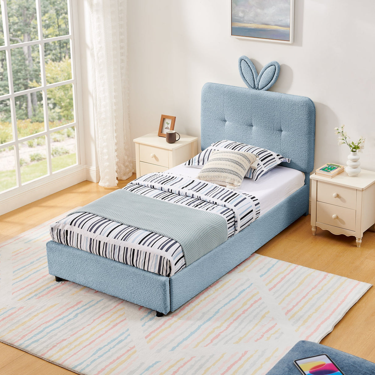 Twin Size Kids Upholstered Bed with Oversized Rabbit Ear Headboard, LED Light & 4 Storage Drawers, Boucle Fabric (79.5''X40.75''X41'')