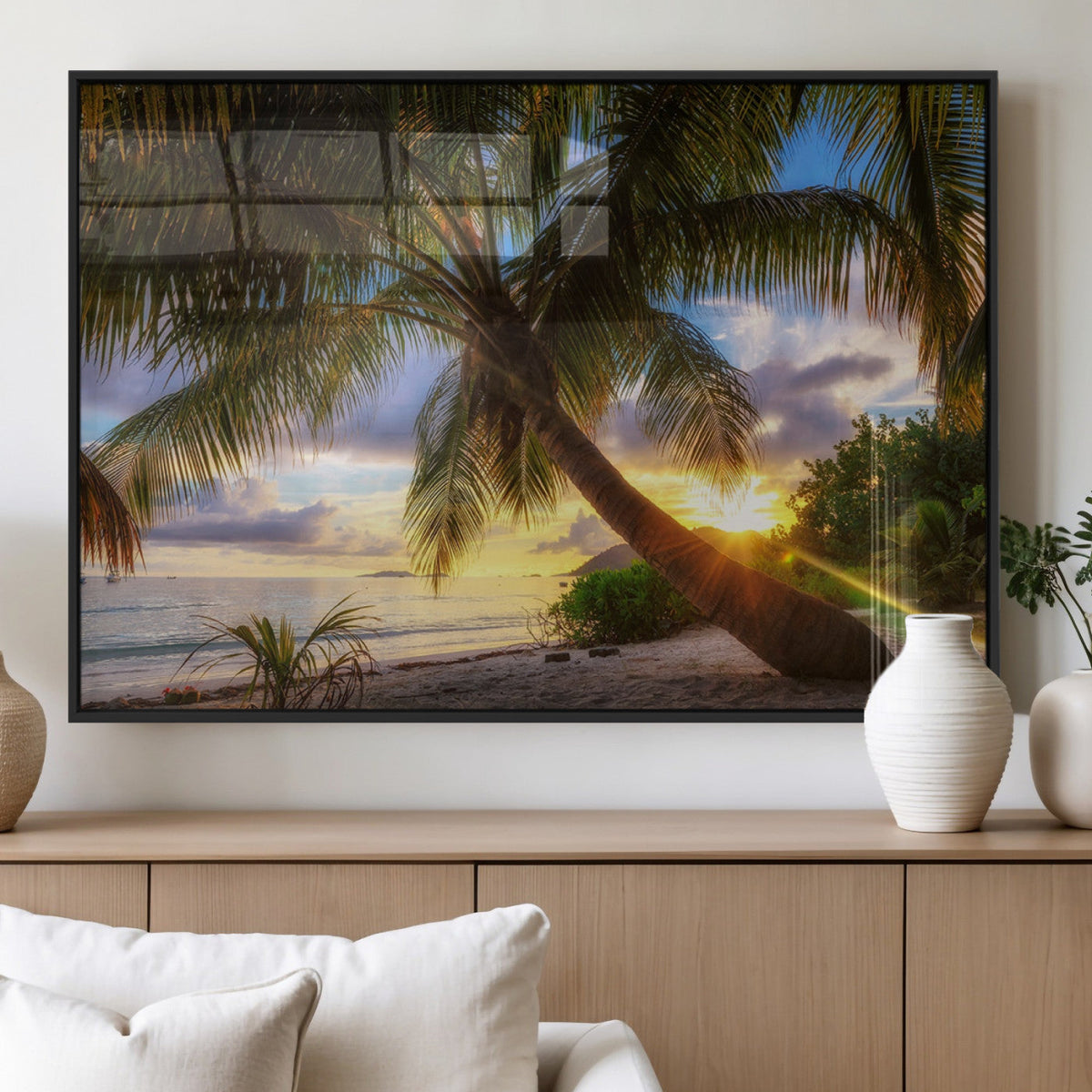 Tropical Island Sunset on the Beach Palms Wall Art Canvas