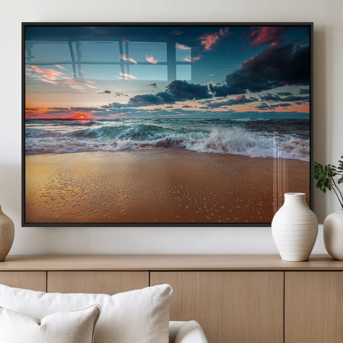 Sunset on Beach Wall Art Ocean Beach Canvas Print
