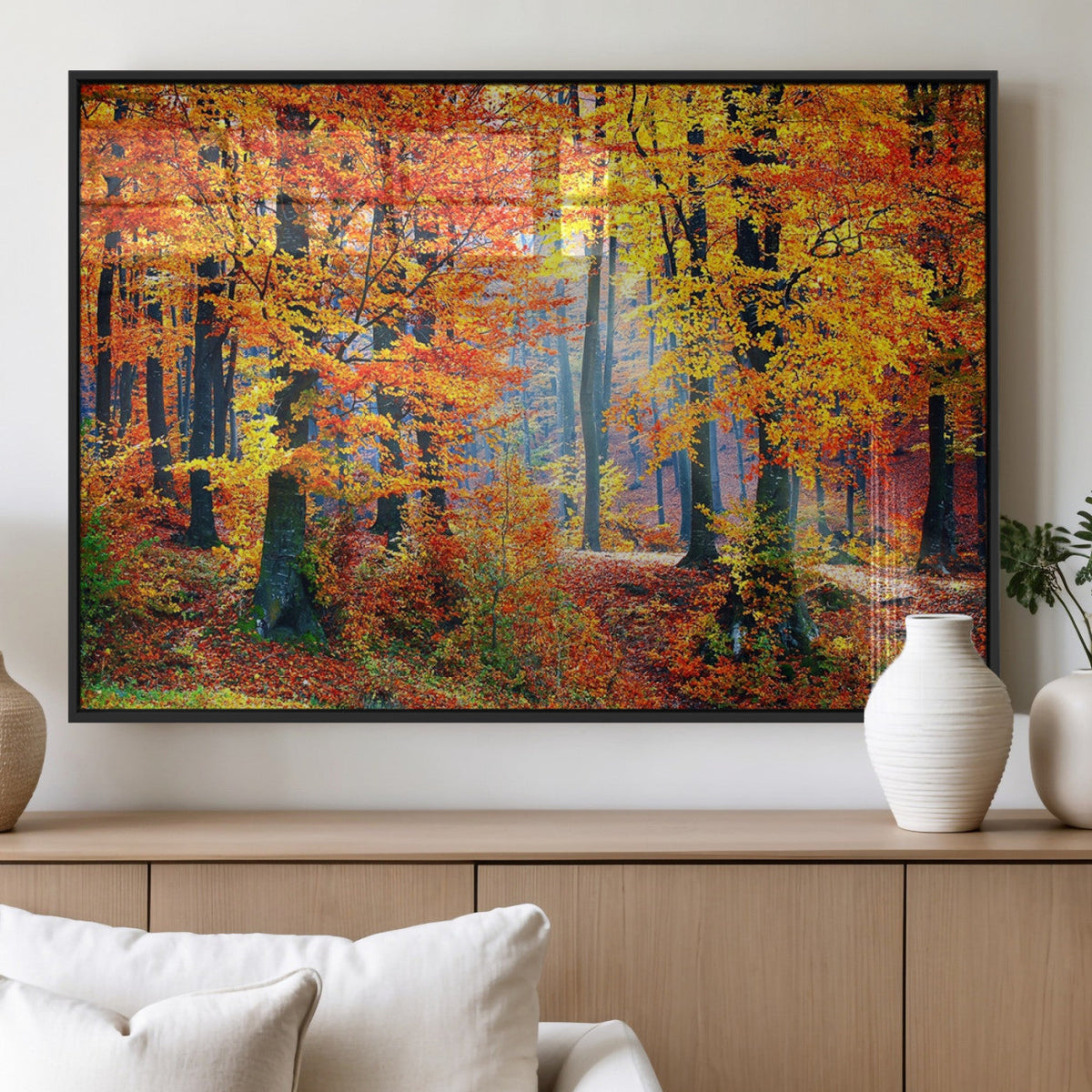 Autumn Red Forest Triptych Canvas Wall Art Print, Forest