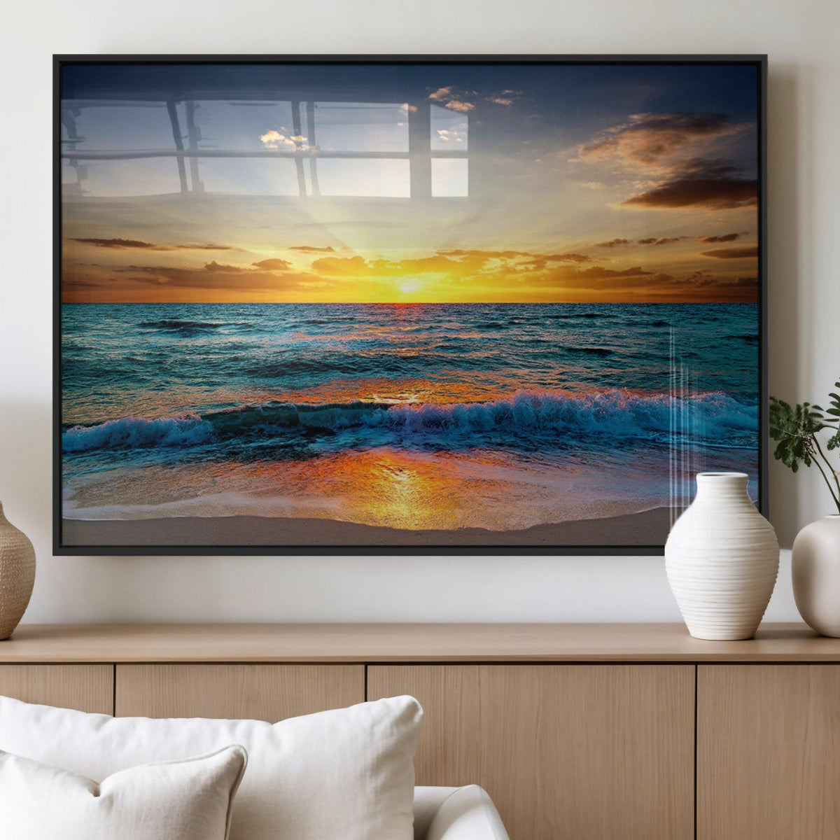 Vibrant Ocean Sunrise Over Golden Beach Waves, Giclee Canvas