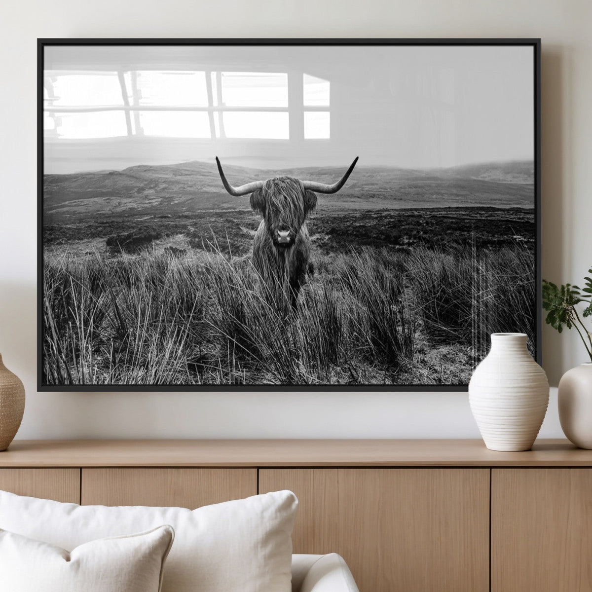 Black and White Highland Cow Canvas Wall Art, Longhorn