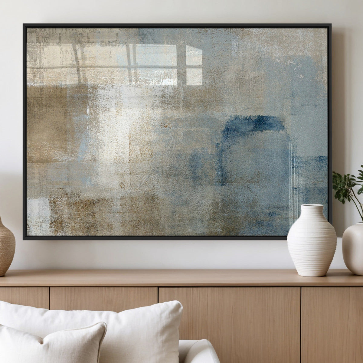 Abstract Blue and Beige Wall Art, Modern Minimalist Canvas