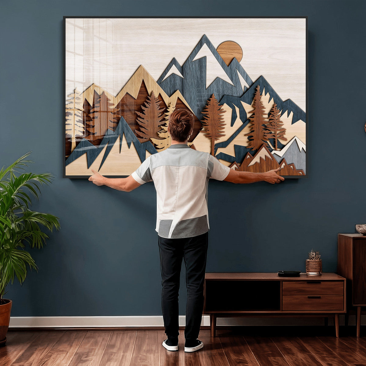 Rustic Abstract Wood Panel Effect Canvas Mountain Range Top