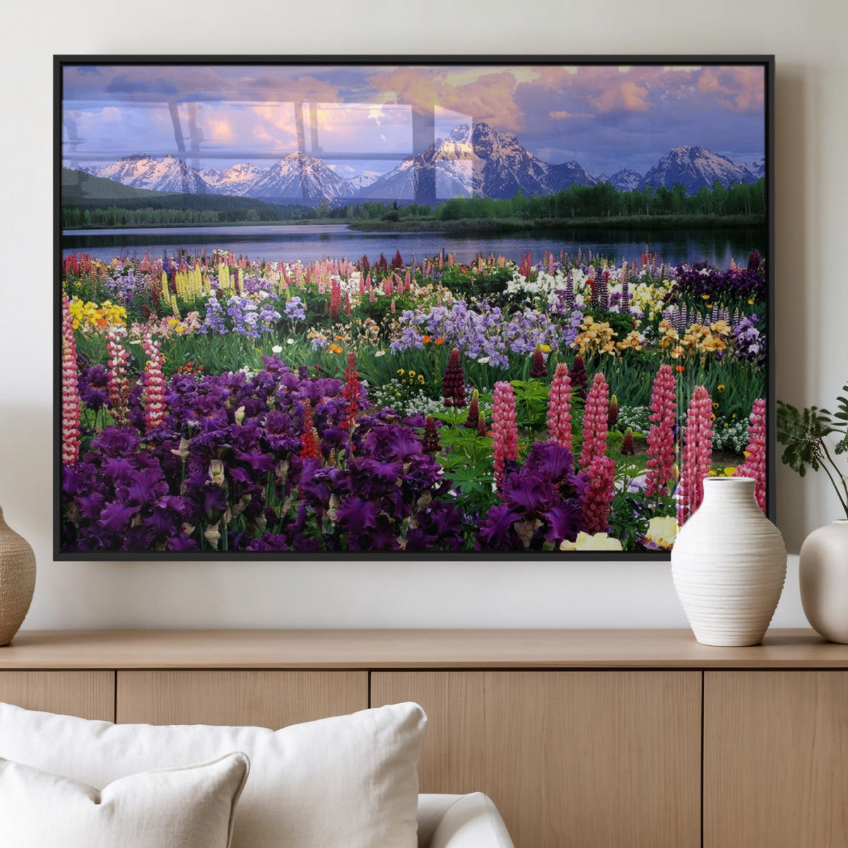 Vibrant Wildflower Garden and Mountain View Giclee Canvas