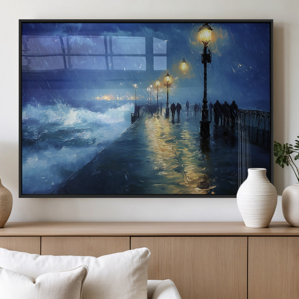 Storm Ocean Pier Canvas Wall Art Print - Large Moody Night