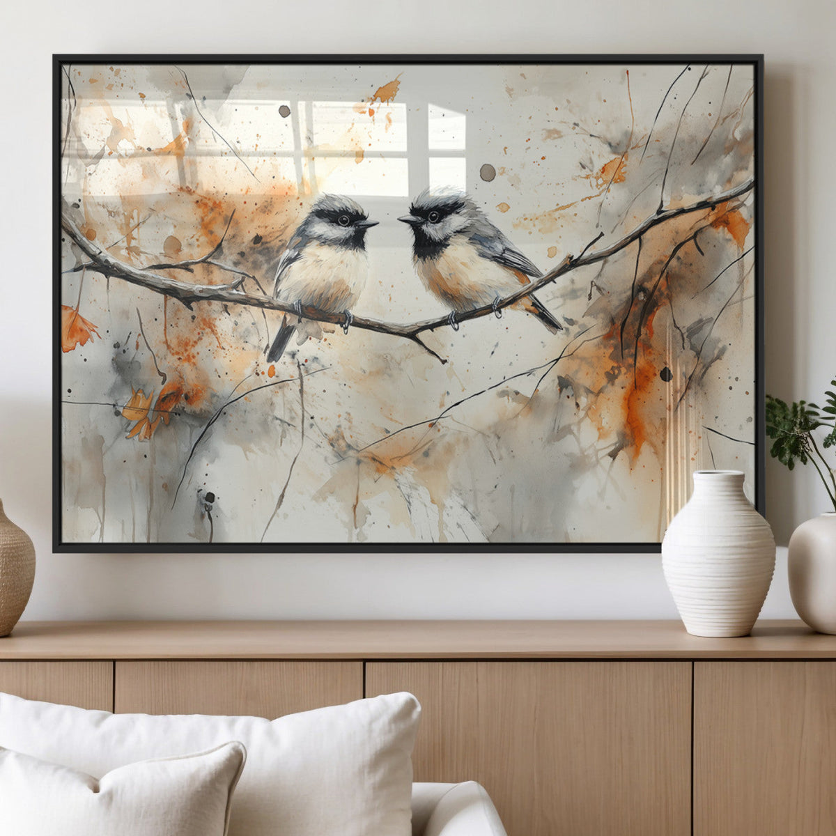 Abstract Watercolor Chickadee Bird Canvas Wall Art Print -